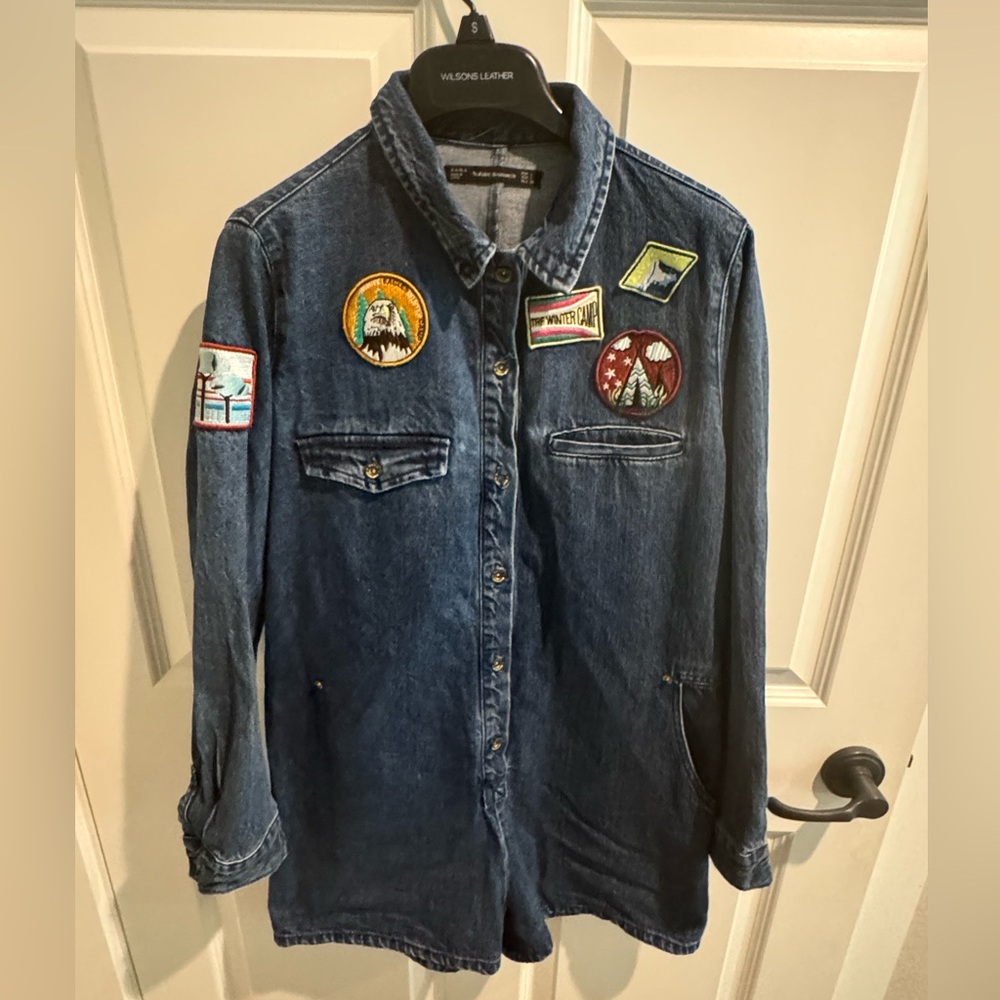 Quality Denim Romper with Outdoor Adventure Mountain Patches. Fits like a M.